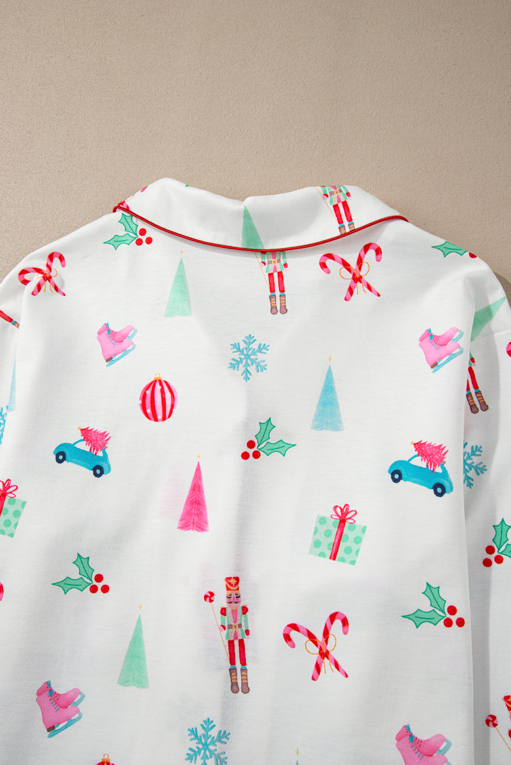 Festive White Christmas Print Lapel Shirt and Pants Sleepwear Set