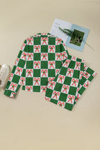 Festive Green Holly Jolly Checkered Pattern 2-Piece Long Pajama Set for Women