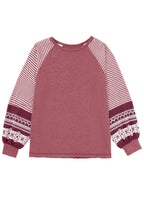 Mineral Red Contrast Print Striped Raglan Long Sleeve Loose Top