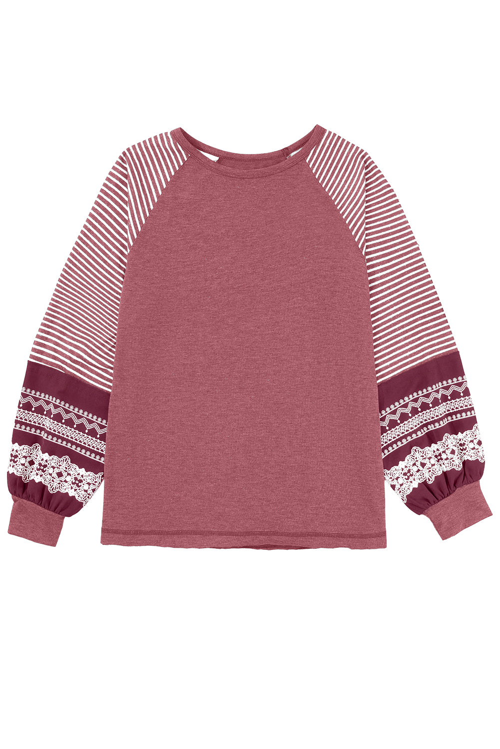 Mineral Red Contrast Print Striped Raglan Long Sleeve Loose Top