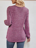 Ribbed Knit V-Neck Long Sleeve T-Shirt