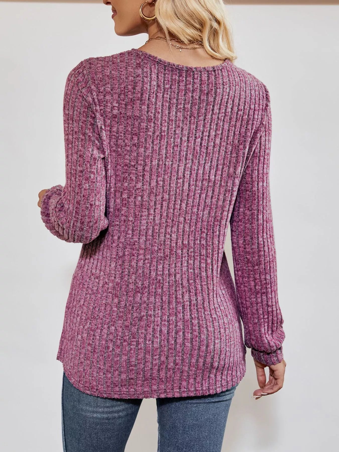Ribbed Knit V-Neck Long Sleeve T-Shirt