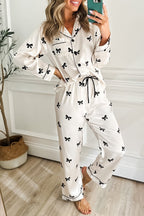 Elegant White Bows Print Two-Piece Sleepwear Set - Long Sleeve Collar Top & High Waist Pants