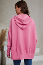 Pink Batwing Sleeve Pocketed Henley Hoodie