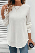 White Rounded Hem Waffle Long Sleeve Top