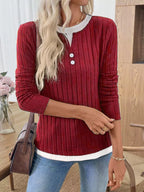 Ribbed Knit Long Sleeve Henley T-Shirt