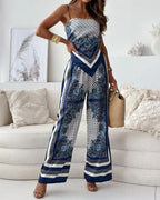 Chic Printed Lace-Up Vest & Pants Set - Two-Piece Casual Outfit for Daily, Holiday, and Going Out
