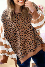 Khaki Stripe Color Block Patchwork Leopard Casual Sweatshirt with Slits