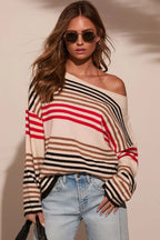 Red Stripe Raw Seam Round Neck Drop Shoulder Sweater