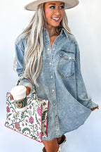Beau Blue Chest Pocket Raw Hem Denim Loose Shirt Dress