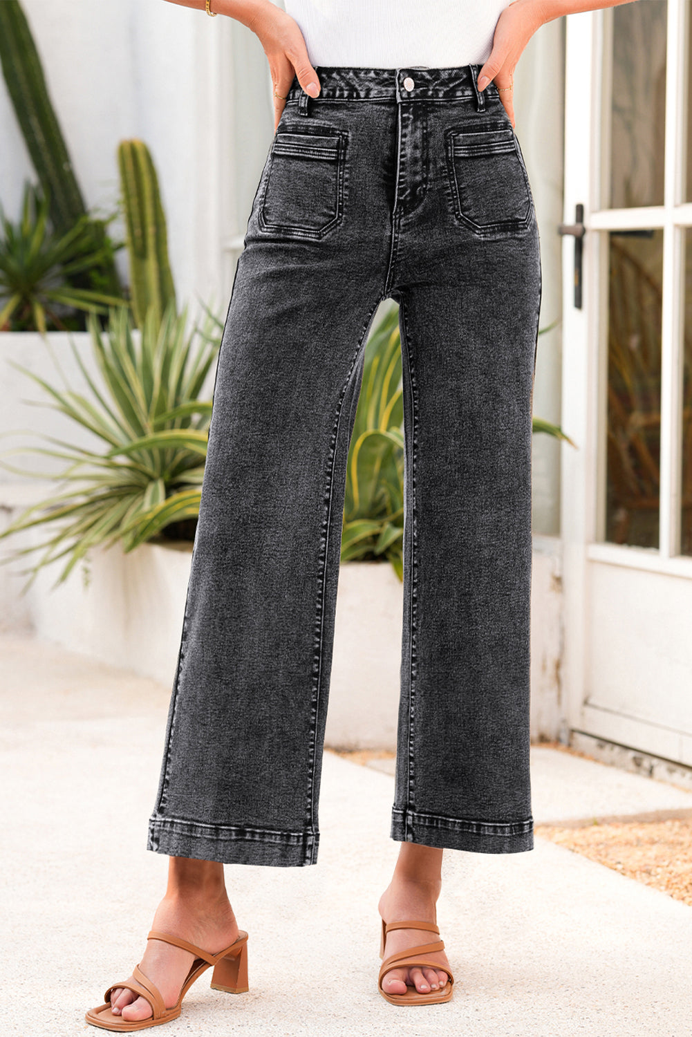 Black Chic Patch Pocket Straight Leg Loose Jeans