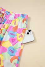 Pink Valentines Candy Heart V Neck Collared Tunic Shirt and Shorts 2pcs Pajama Set for Women