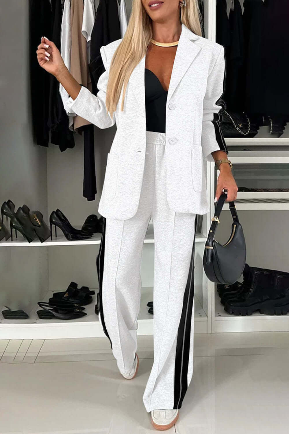 Chic Contrast Lapel Collar Buttoned Top and Pocketed Pants Two-Piece Set - 100% Polyester