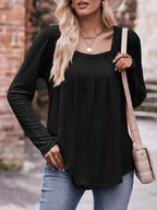 Pleated Square Neck Long Sleeve T-Shirt