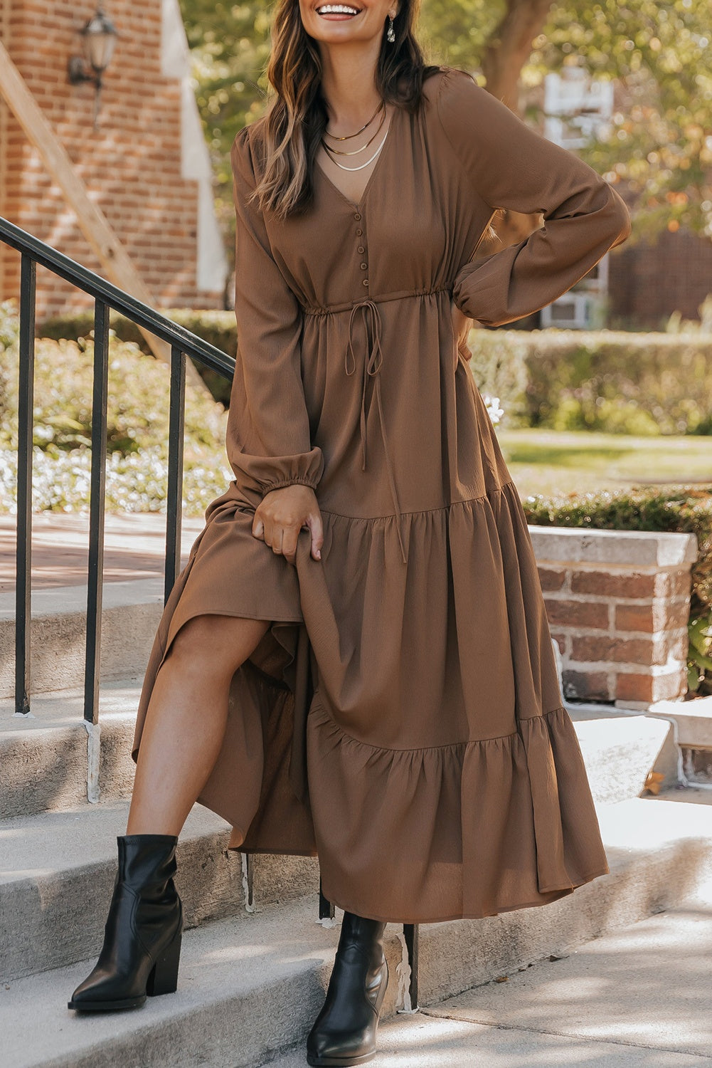 Chestnut Solid Long Sleeve Button V Neck Tiered Maxi Dress