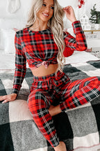 Cozy Red Festive Plaid Print Round Neck Long Sleeve Top & Pants 2 Piece Lounge Set for Women