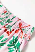 Luxurious Pink Christmas Berries Plant Print Satin Long Sleeve Pajama Set for Ultimate Comfort