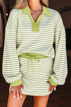 Green Stripe Collared V Neck Drop Shoulder Pullover and Skort 2pcs Outfit