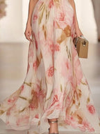 Women's Floral Print V-neck Short-sleeved Casual Maxi Dress with High Waist - Perfect for Summer