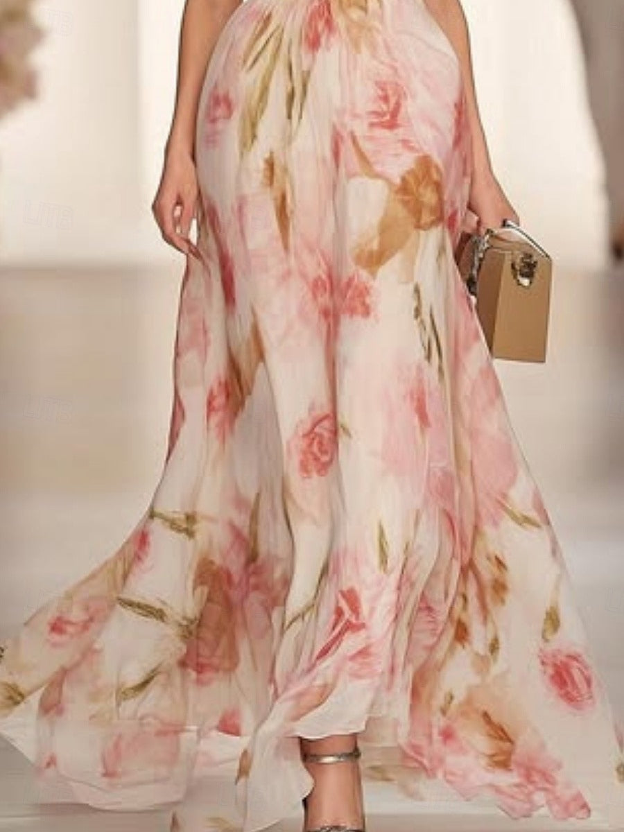 Women's Floral Print V-neck Short-sleeved Casual Maxi Dress with High Waist - Perfect for Summer