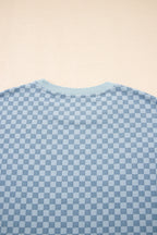 Sky Blue Checkerboard Long Sleeve Pullover and Shorts Set