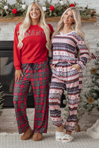 Festive Red Plaid Mama Graphic Christmas Holiday Crewneck Pullover and Pants Two-Piece Lounge Set