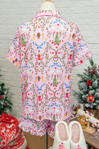 Festive Pink Nutcracker Doll Christmas Pajama Set - 2 Piece Ribbon Tie Waist Short Sleepwear for Women