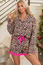 Light French Beige Leopard Print Contrast Trim Long Sleeve Shirt Drawstring Ruffle Hem Short Set