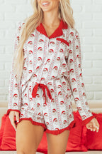 Festive White Santa & Stripes Ruffle Pajama Set for Cozy Holiday Nights