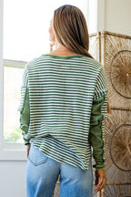 Green Stripe Thermal Knit Drop Shoulder Casual Top