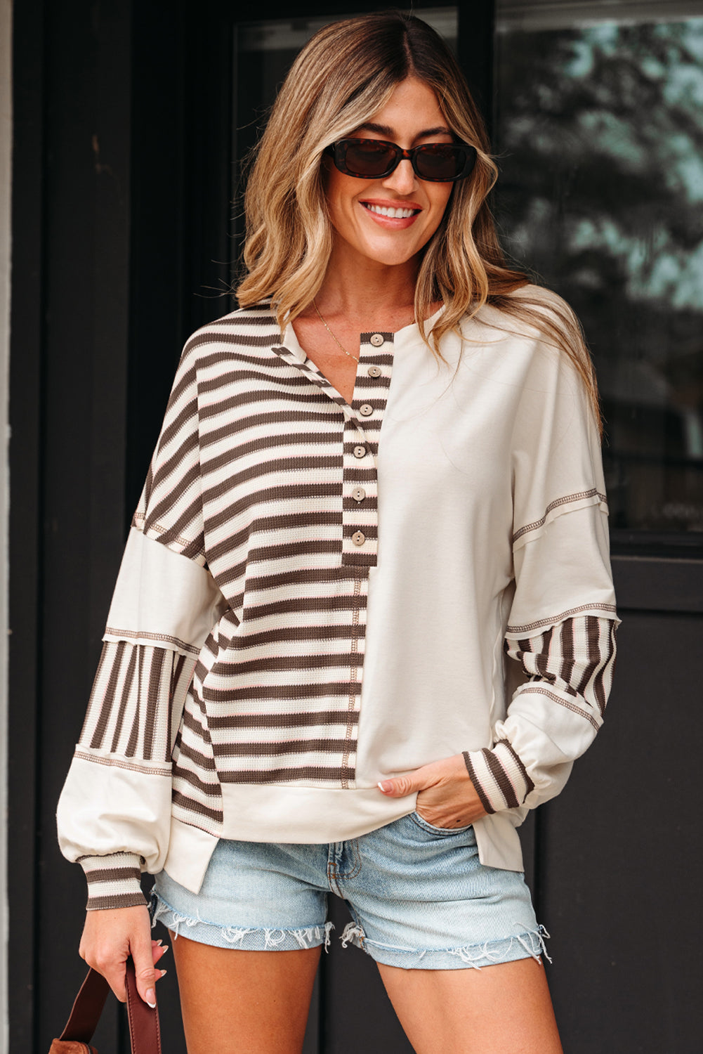 Khaki Stripe Stitched Detail Color Block Patchwork Oversized Pullover Top