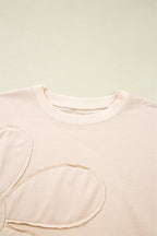 Beige Raw Edge Flower Patch Drop Shoulder Casual Top