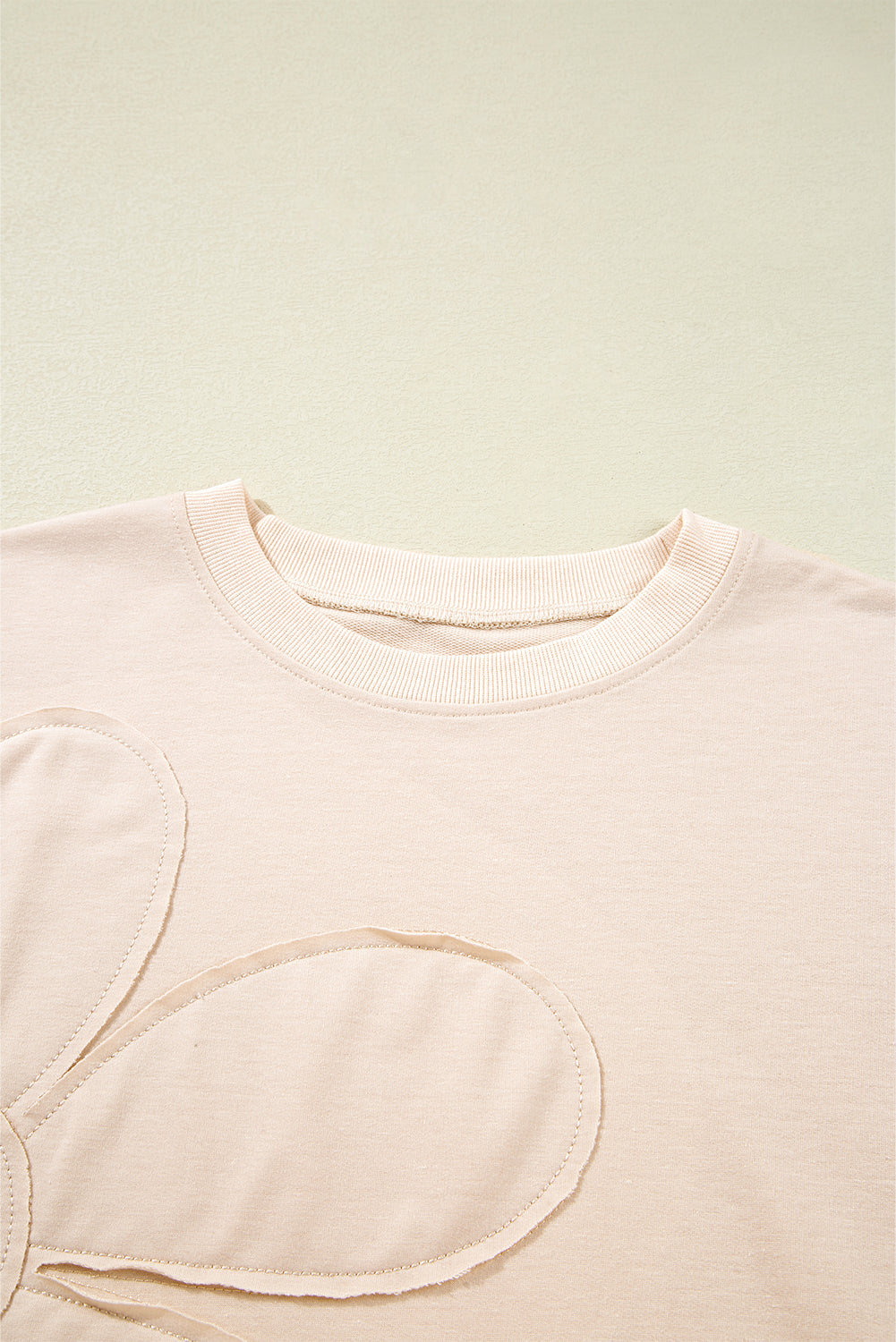 Beige Raw Edge Flower Patch Drop Shoulder Casual Top