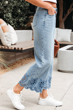 Dusk Blue Embroidered Cropped Wide Leg High Waist Jeans
