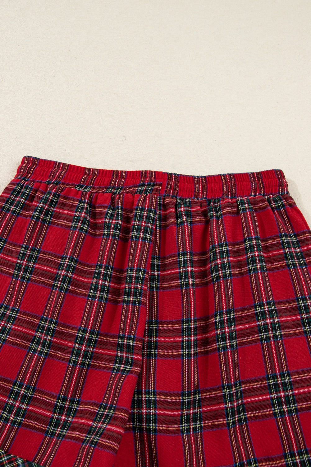 Red Plaid Contrast Patched Christmas Holiday Long Sleeve Shirt and Short 2pcs Pajama Set