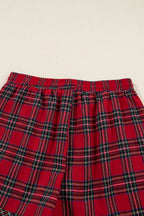 Dearlovers Women's Red Plaid Contrast Patched Christmas Holiday Long Sleeve Shirt and Short 2-Piece Pajama Set