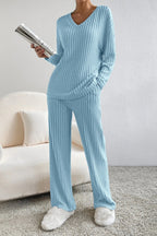 Women's Ribbed V-Neck Top and Pants Loungewear Set - Comfortable & Stylish