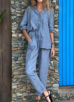 Men's Casual Solid Color V-Neck Cotton Linen Two-Piece Set - Comfortable & Breathable