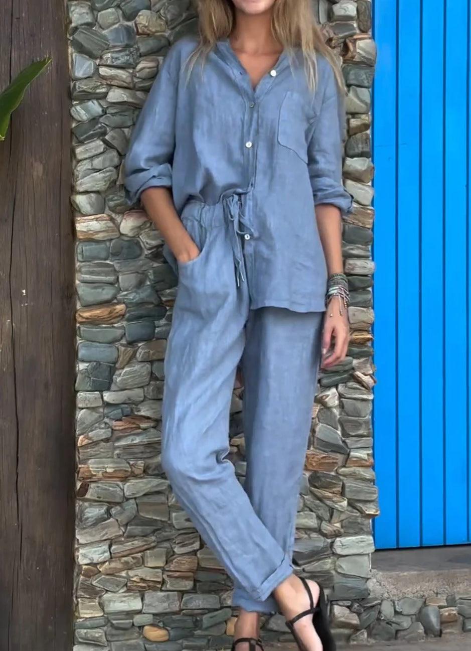Men's Casual Solid Color V-Neck Cotton Linen Two-Piece Set - Comfortable & Breathable
