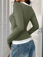 Contrast Long Sleeve Fake Two-Piece T-Shirt