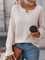 Striped Notched Long Sleeve T-Shirt