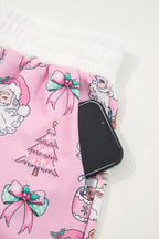Women's Pink "Ho Ho Ho" Christmas Fashion Print 2-Piece Lounge Short Set - Long Sleeve Top & Shorts