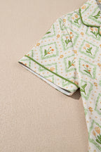 Green Floral Print Turn-down Collar Short Pajamas Set