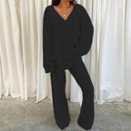 Elegant Solid Color V-Neck Two-Piece Set for Women - Casual & Fashionable