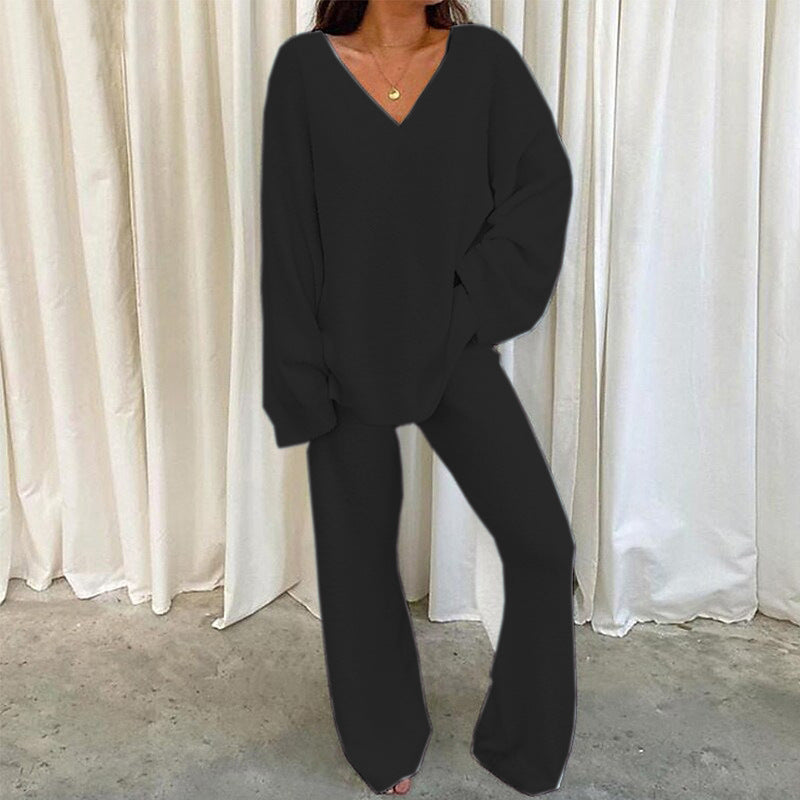 Elegant Solid Color V-Neck Two-Piece Set for Women - Casual & Fashionable