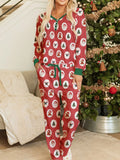 Stripe Christmas Print Henley V Neck Pullover and Pants Lounge Set