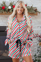 Cozy Green Stripe Contrast Velvet Ribbon Knot Pajama Set - 2-Piece Sleepwear