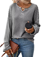 Striped Notched Long Sleeve T-Shirt