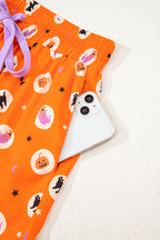 Orange Halloween Print Lapel Shirt Long 2pcs Pajama Set