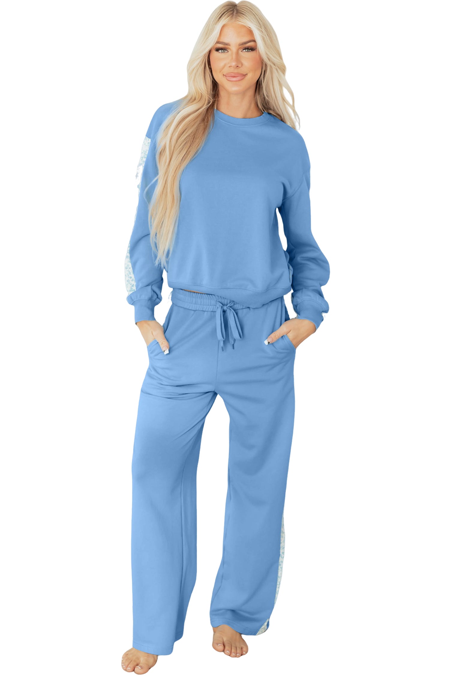 Beau Blue Floral Patchwork Drop Shoulder Pullover and Sweatpants Lounge Set
